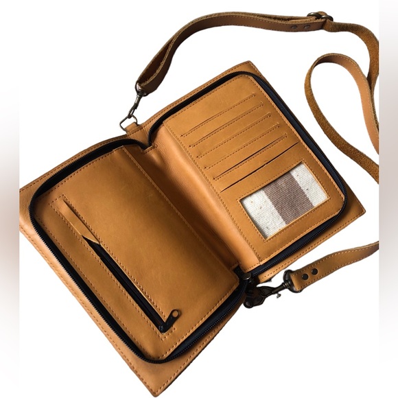 SutiSana Crossbody Organizer Color Sepia Wool Leather Zipper Bag Yellow Stripe - Picture 7 of 16